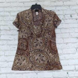 JKLA California Womens Blouse Small Brown Paisley V Neck Boho Top 90's Y2K